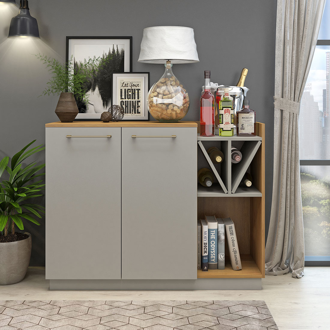 Aparador 105cm Com Nichos Fellici | Nogal/ Cinza